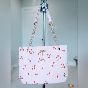 Cherry Print Tote Bag with Chain Straps - Free Transparent Cosmetic Pouch